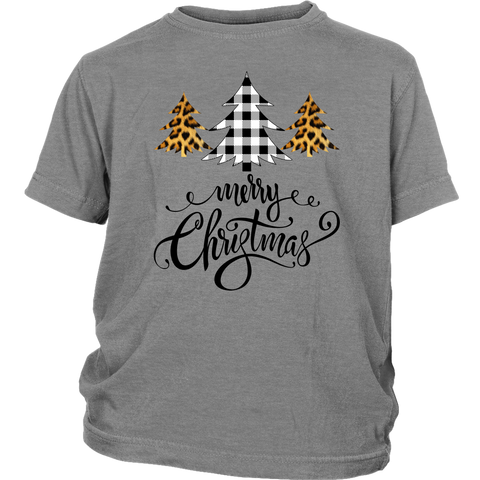 Merry Christmas Buffalo Leopard Plaid Tree Script shirts District Youth Shirt