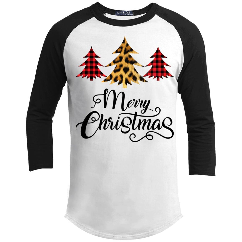 Merry Christmas Leopard Buffalo Plaid Pattern Christmas Tree 3/4 Sleeve Baseball Raglan- Long Sleeves T200 Sport-Tek Sporty T-Shirt