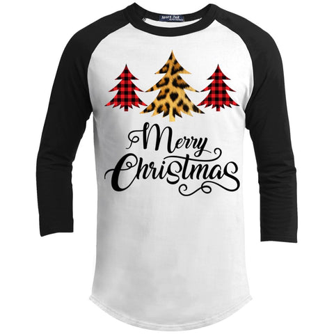 Merry Christmas Leopard Buffalo Plaid Pattern Christmas Tree 3/4 Sleeve Baseball Raglan- Long Sleeves T200 Sport-Tek Sporty T-Shirt
