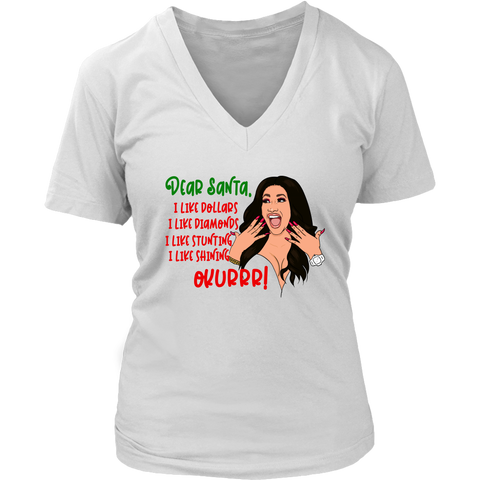 Dear Santa I Like Dollars Diamonds Stunting Shining Okurrr shirts Funny Christmas District Womens V-Neck