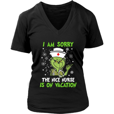 I Am Sorry The Nice Nurse Is On Vacation Grinch Funny Christmas shirts District Womens V-Neck