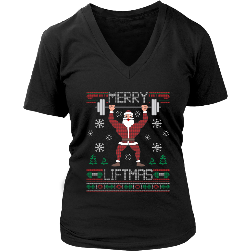 Merry Liftmas Ugly Christmas Sweater Gym Workout shirts District Womens V-Neck