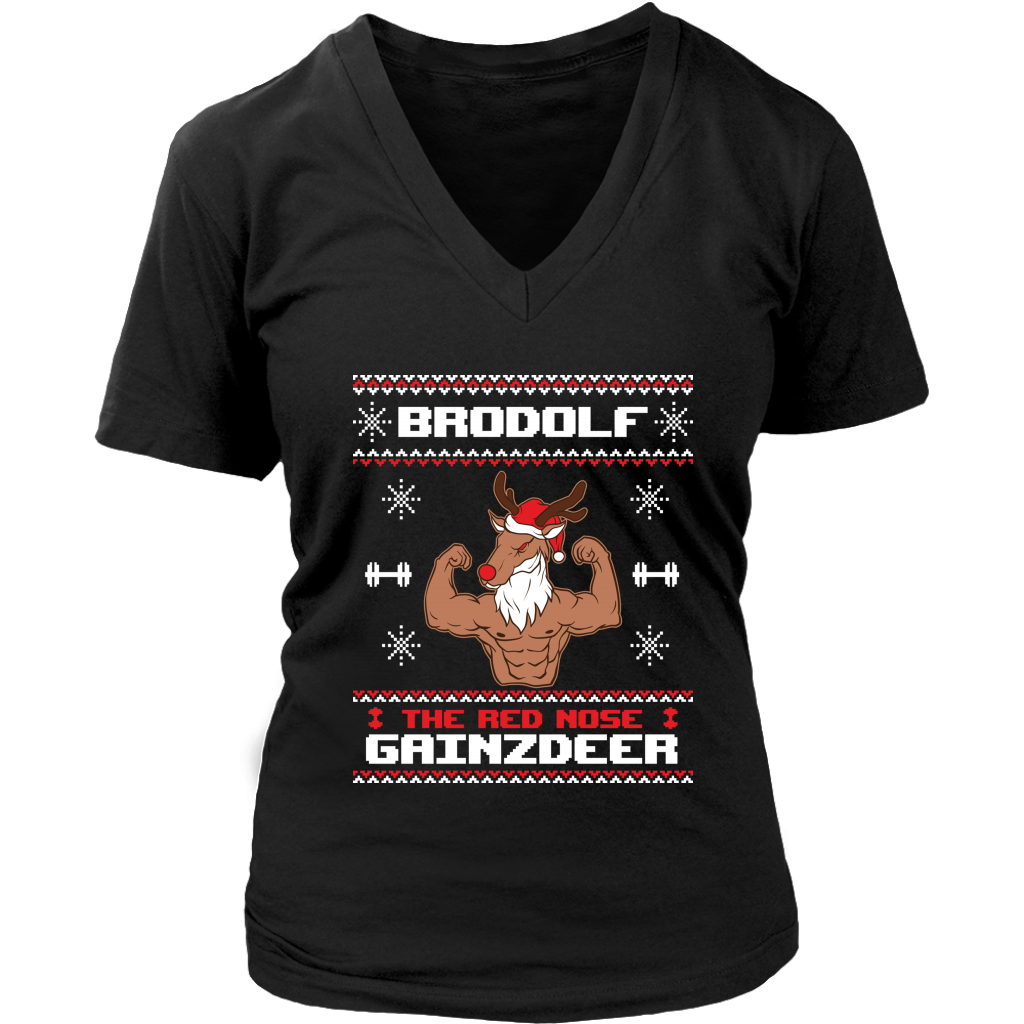 Brodolf The Red Nose Gainzdeer Gym Ugly Christmas Sweater shirts District Womens V-Neck