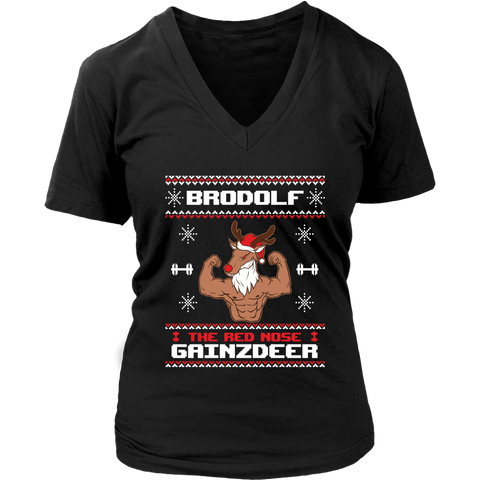 Brodolf The Red Nose Gainzdeer Gym Ugly Christmas Sweater shirts District Womens V-Neck