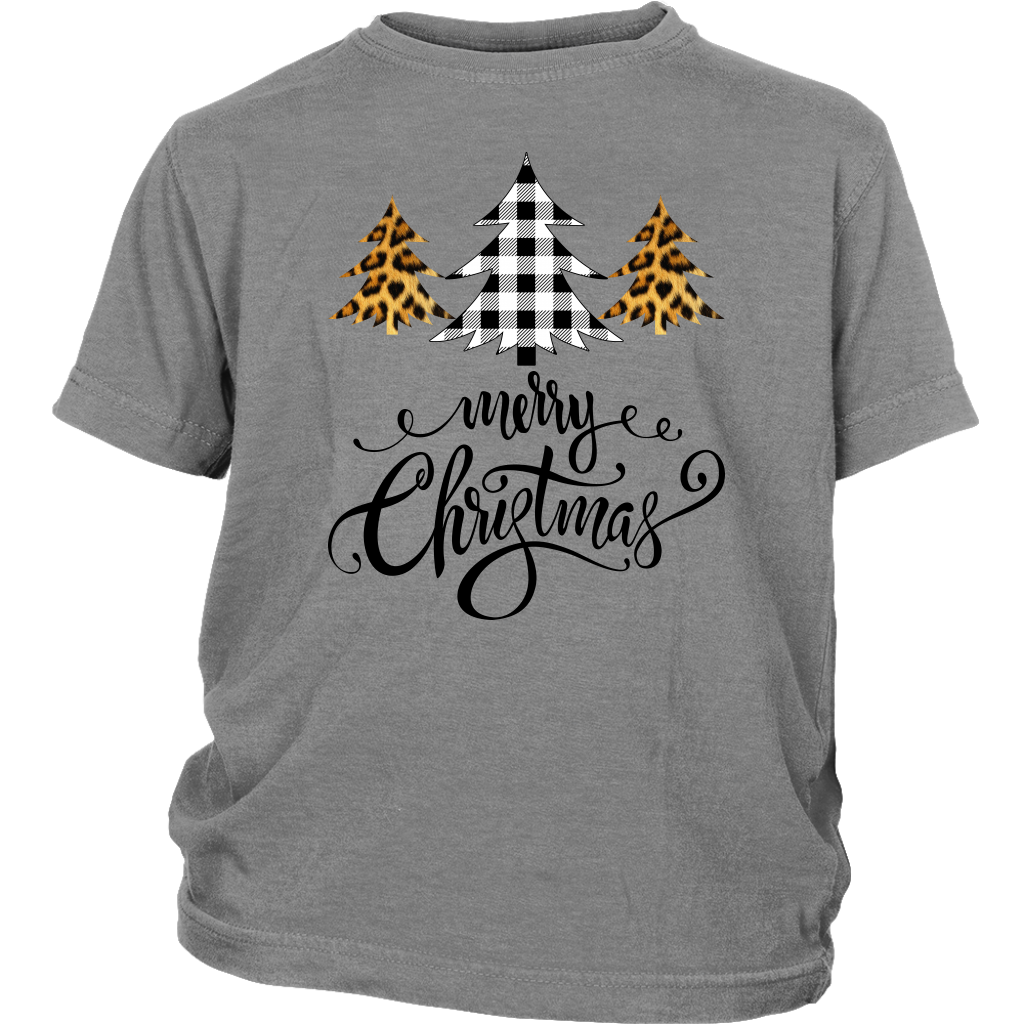 Merry Christmas Buffalo Leopard Plaid Tree Script shirts District Youth Shirt