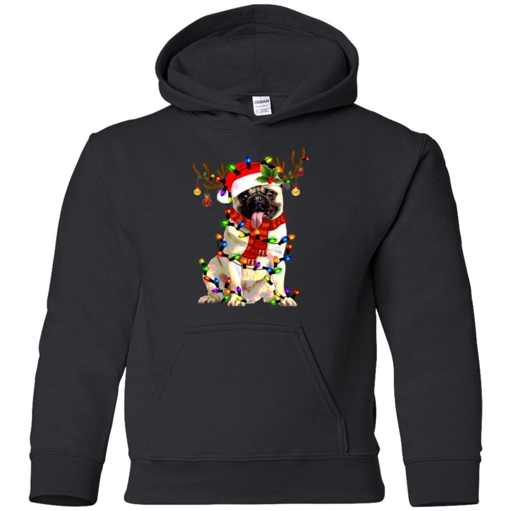 Funny Pug Dog Reindeer Santa Christmas Lights shirts G185B Gildan Youth Pullover Hoodie
