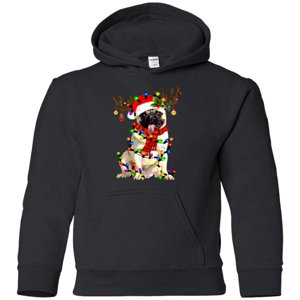 Funny Pug Dog Reindeer Santa Christmas Lights shirts G185B Gildan Youth Pullover Hoodie