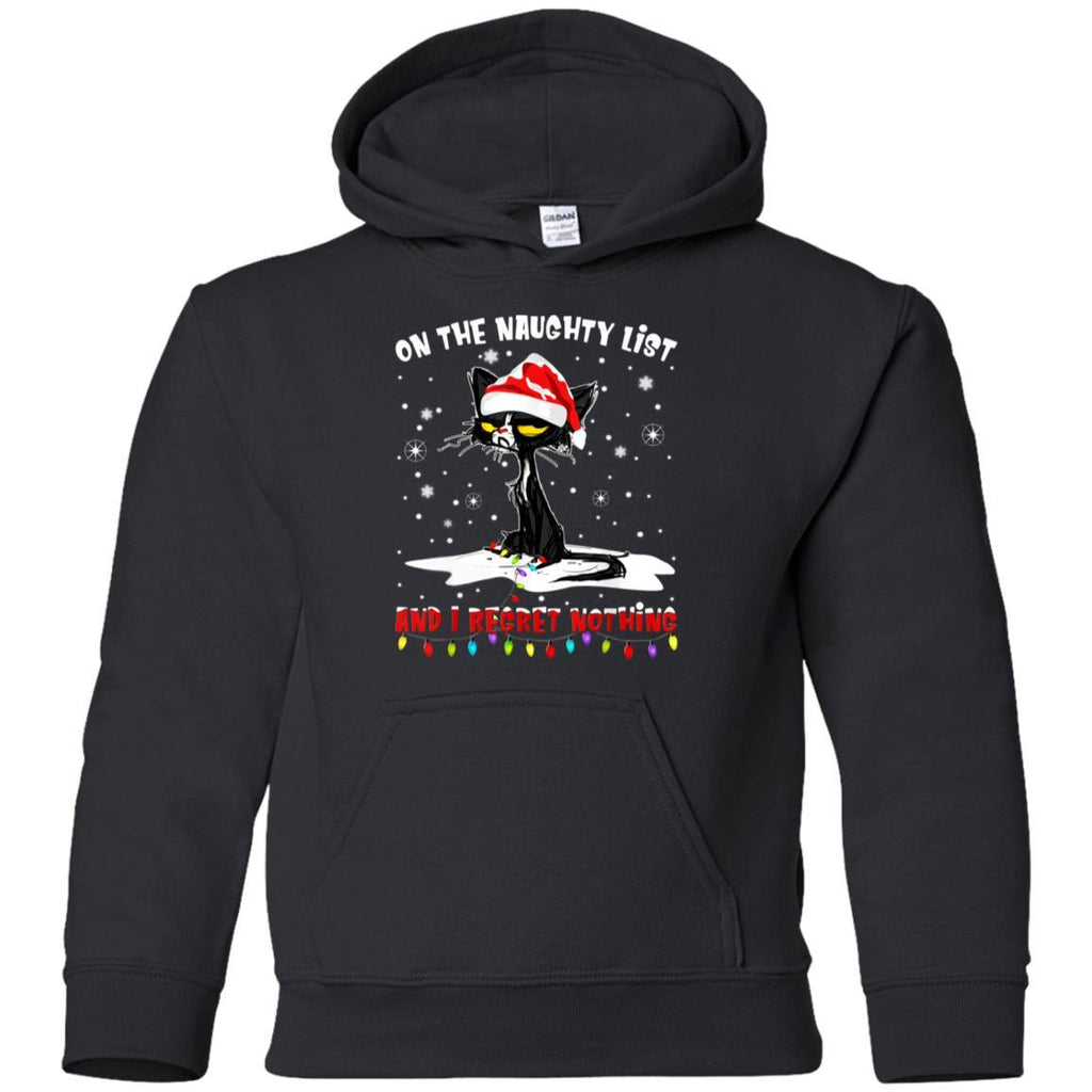 On The Naughty List And I Regret Nothing Black Cat Christmas shirts G185B Gildan Youth Pullover Hoodie