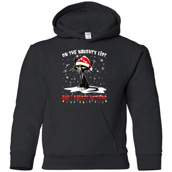 On The Naughty List And I Regret Nothing Black Cat Christmas shirts G185B Gildan Youth Pullover Hoodie