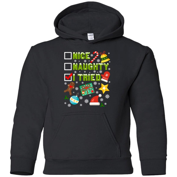 Nice Naughty I Tried Funny Christmas Shirts G185B Gildan Youth Pullover Hoodie