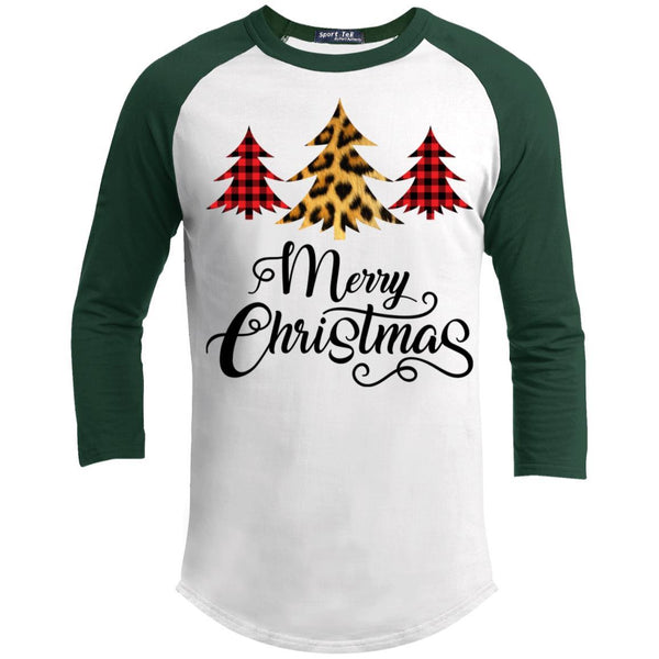 Merry Christmas Leopard Buffalo Plaid Pattern Christmas Tree 3/4 Sleeve Baseball Raglan- Long Sleeves T200 Sport-Tek Sporty T-Shirt