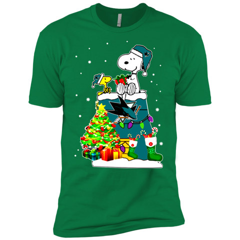 San Jose Sharks Snoopy & Woodstock Christmas Shirt NL3600 Next Level Premium Short Sleeve T-Shirt