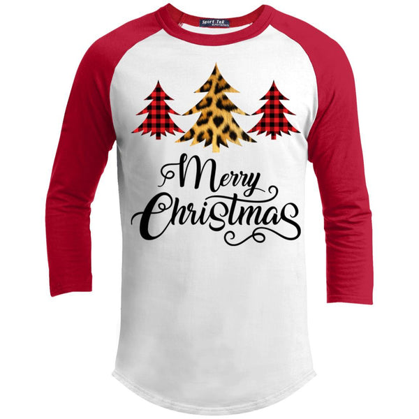 Merry Christmas Leopard Buffalo Plaid Pattern Christmas Tree 3/4 Sleeve Baseball Raglan- Long Sleeves T200 Sport-Tek Sporty T-Shirt