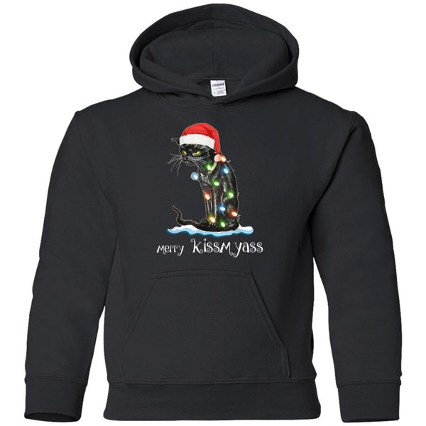 Merry Kissmyass Funny Black Cat Christmas shirts G185B Gildan Youth Pullover Hoodie