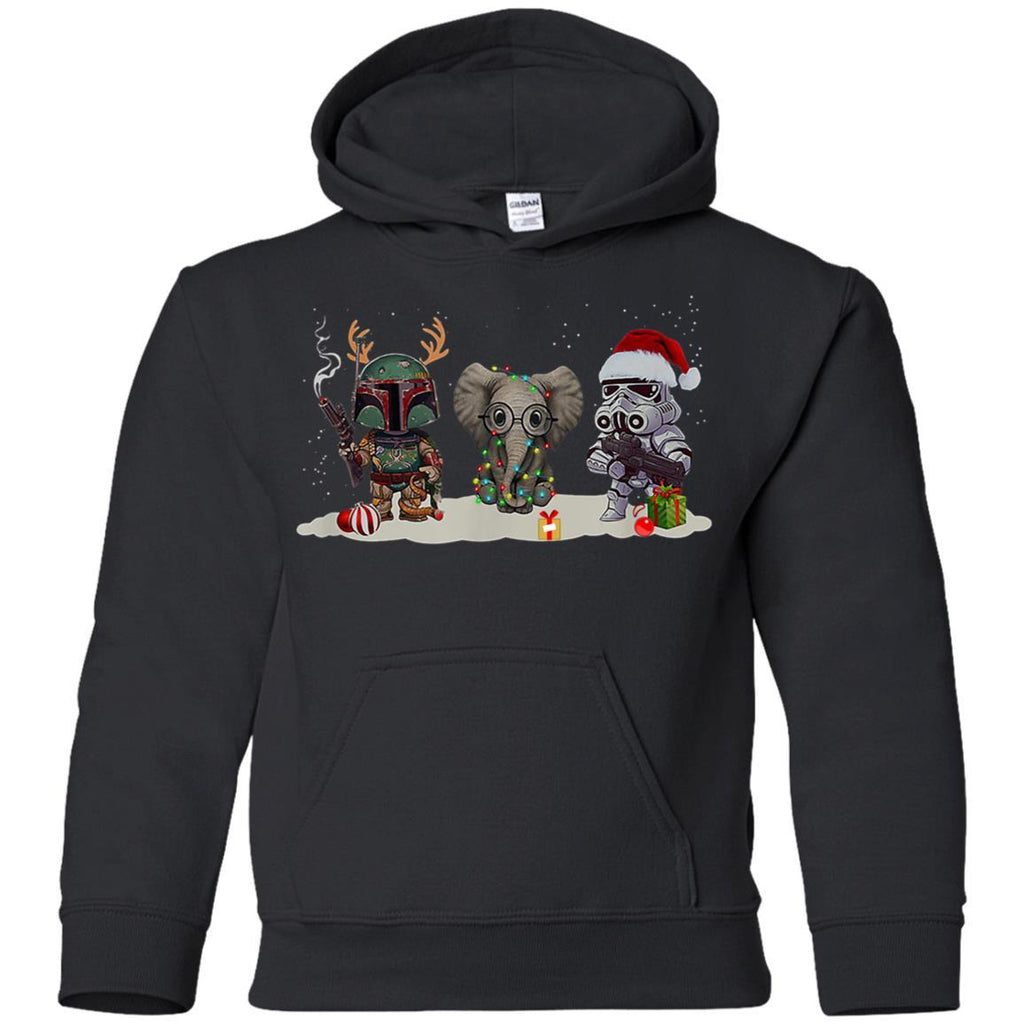 Boba Fett Elephant and Stormtrooper Santa Christmas Light shirts G185B Gildan Youth Pullover Hoodie