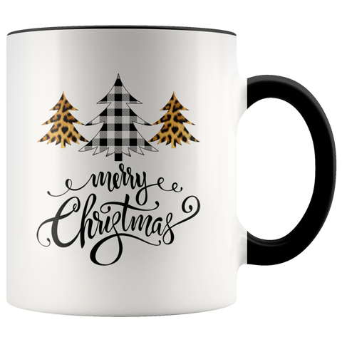 Merry Christmas Buffalo Leopard Plaid Tree Script Letter Mug