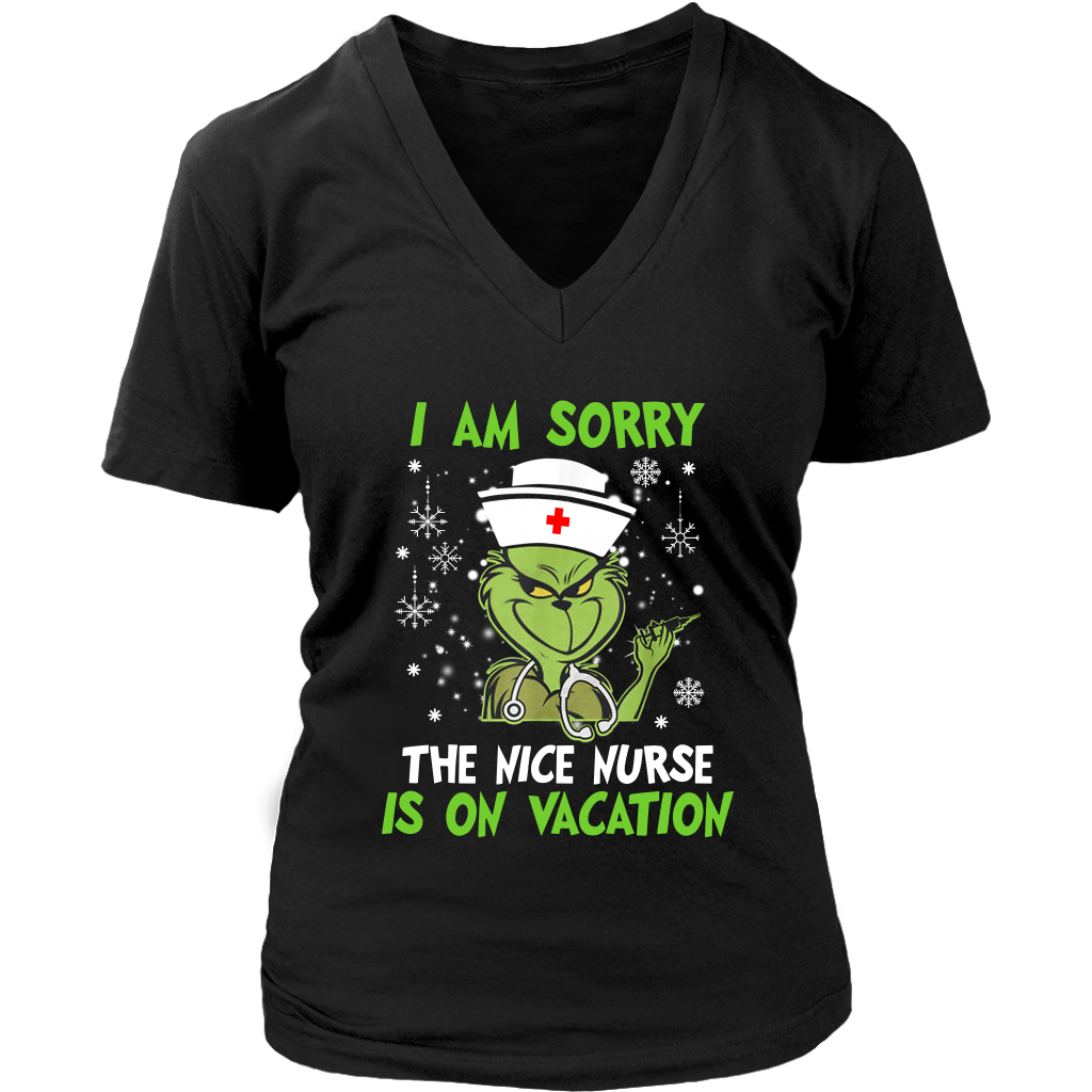 I Am Sorry The Nice Nurse Is On Vacation Grinch Funny Christmas shirts District Womens V-Neck
