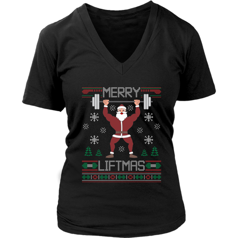 Merry Liftmas Ugly Christmas Sweater Gym Workout shirts District Womens V-Neck